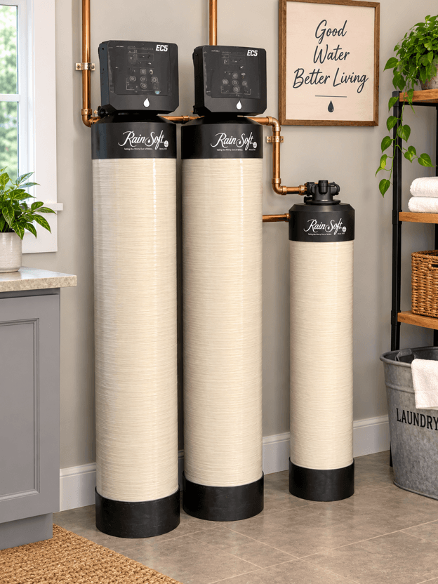 Whole-home water filtration system with two large tan tanks connected by copper pipes and topped with ECS control units, plus smaller tank, displayed in bathroom next to shelving with plants and towels