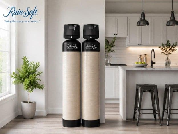 RainSoft water softening system with dual tanks installed in modern kitchen, showing treatment equipment positioned beside island seating area